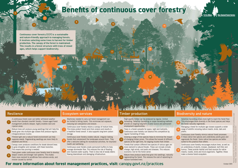 Graphic representation of 18 benefits of continuous cover forestry. 