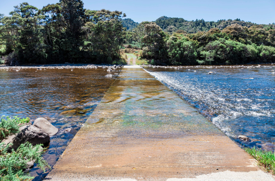 A submerged concrete ford across the Kauaeranga River on the Coromandel Peninsula.